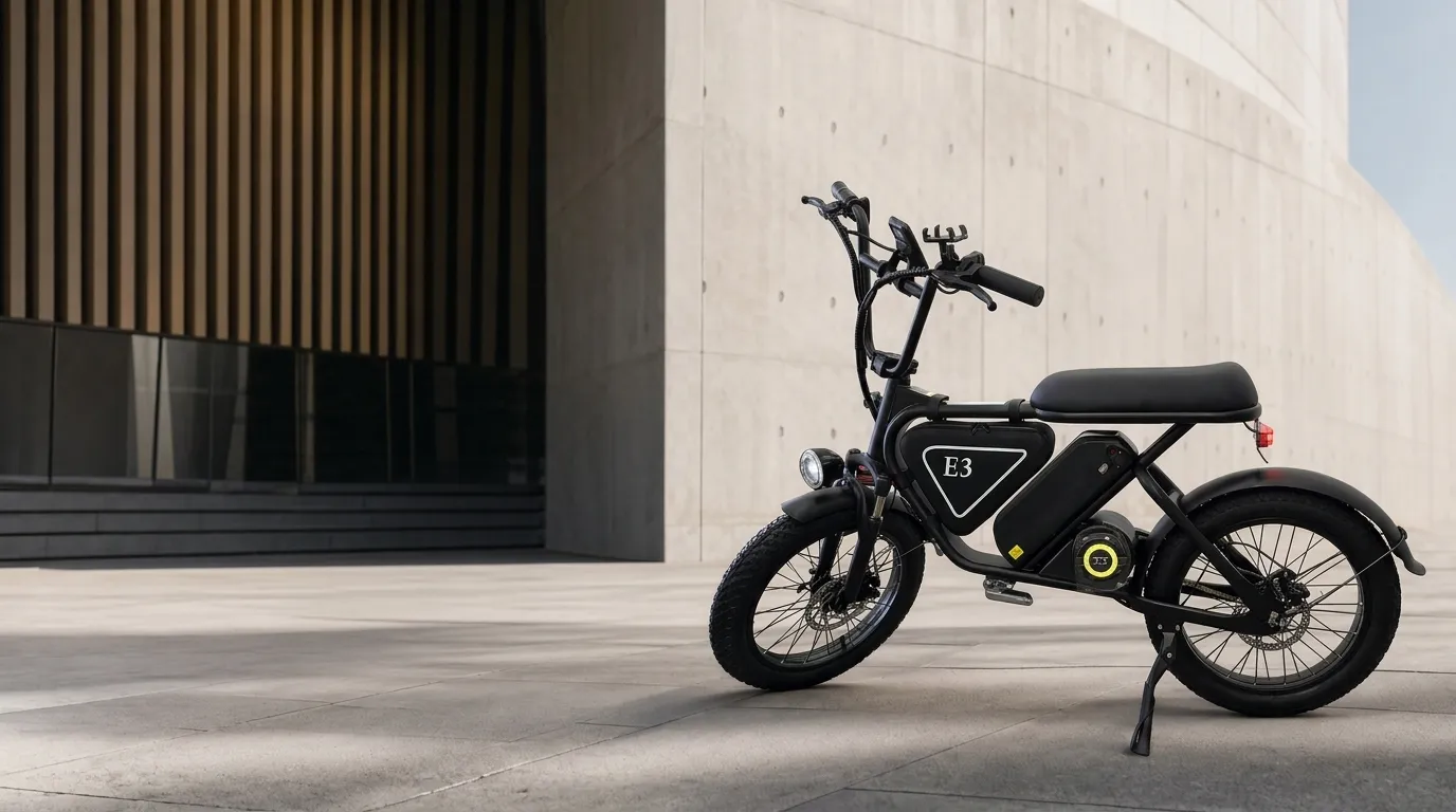 Stoke E3 parked against a concrete wall — moped style mid-drive electric bike
