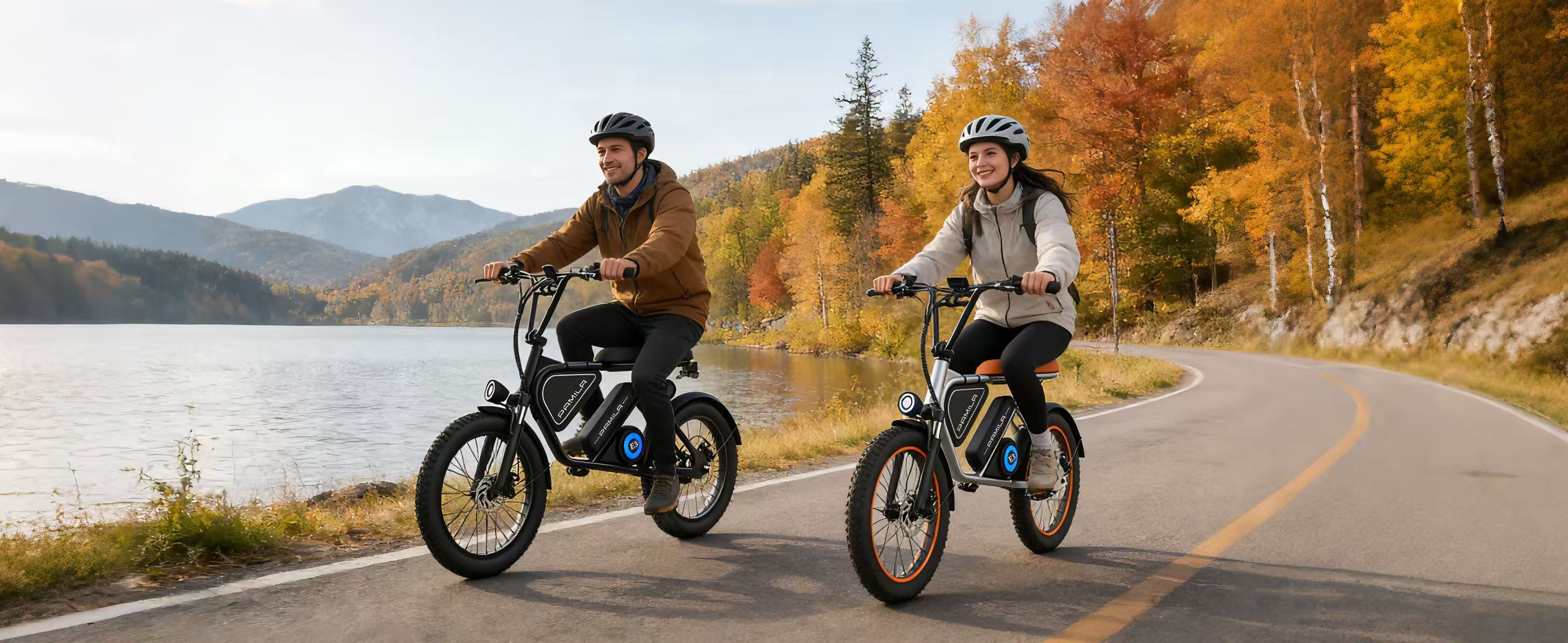 Couple riding E3 on autumn road